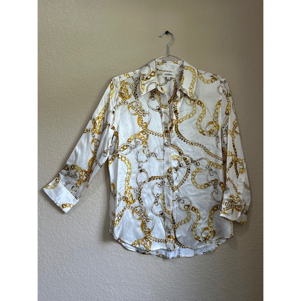 L'AGENCE White Silk Chain Link Button Glam Preppy Edgy Club Career Shirt Small